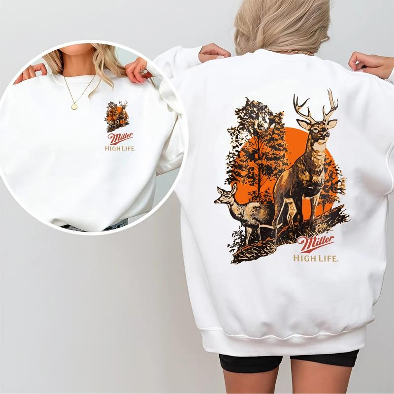 Miller High Life Deer Hunting 2-Sided Sweatshirt, Vintage Beer Graphic Pullover, Casual Streetwear Crewneck for Men and Women