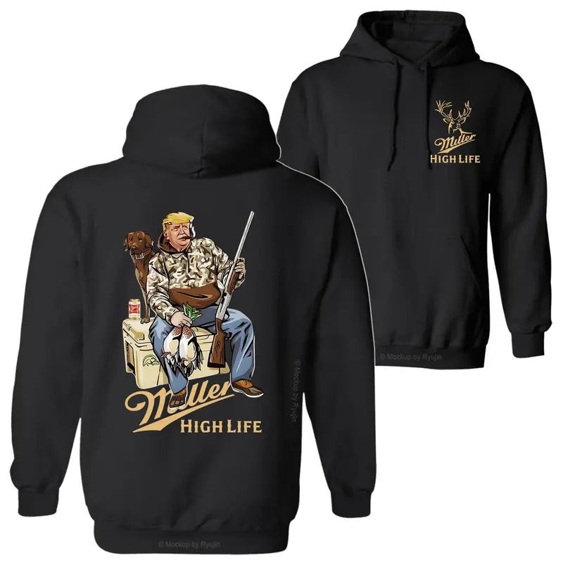 Miller High Life Trump Hunter Sitting Next to Hunting Dog and Miller Beer Can Christmas Season Graphic Printed Unisex Classic Hoodie
