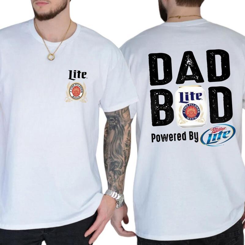 Miller Lite Dad Bod T-Shirt - Powered by Miller Lite Graphic Tee - Unisex Relaxed Fit - Ideal Father's Day Gift - Classic Cotton, Streetwear, Everyday Wear, Trendy Clothing, Casual Wear