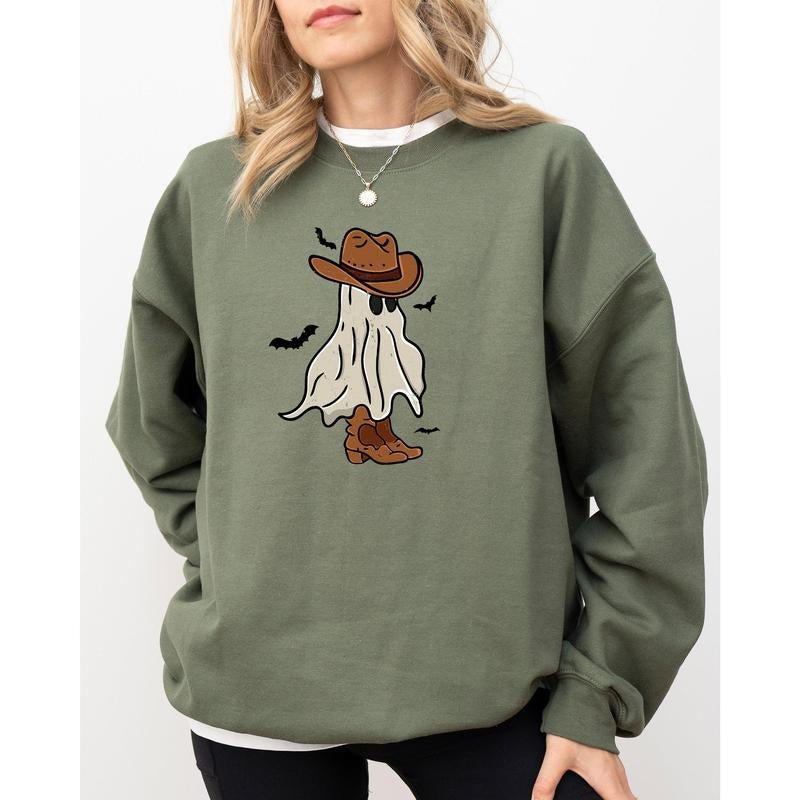 Mini Cowboy Ghost, Funny, Retro, Aesthetic, Vintage Sweatshirt, Women's Crew Neck, Crewneck