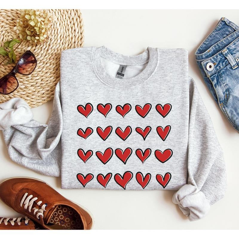 Mini Red Hearts Valentine's Sweatshirt, Retro Valentine's Day Sweatshirt, Crew Neck, Women's, Crewneck, Valentine's Day, Love, Heart, Cupid