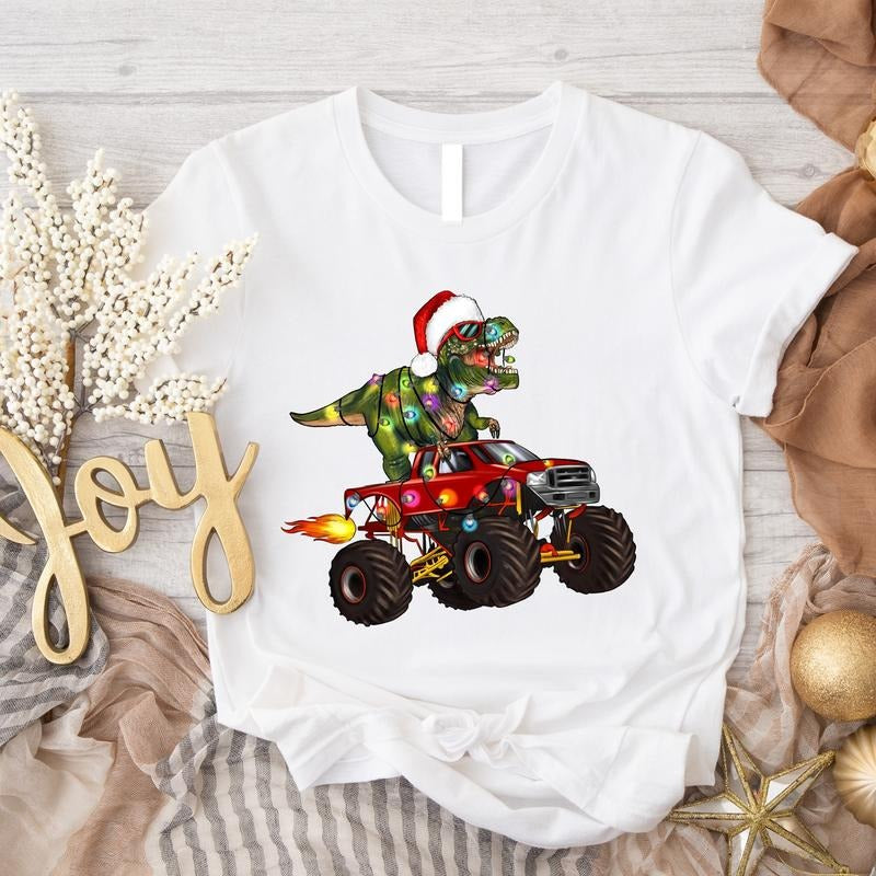 Monster Truck And T-Rex Dinosaur Shirt, Christmas Light T-shirt, Dinosaur Christmas Tee, Dinosaur Lover Winter Holiday Gift Tee.