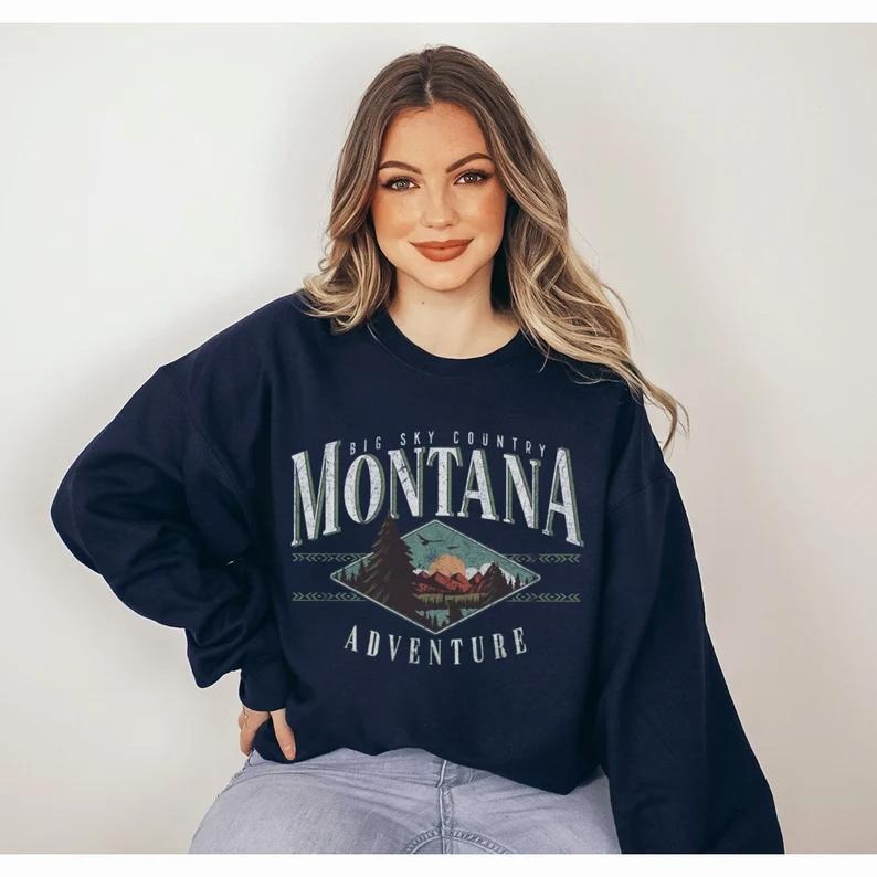 Montana Retro Sweatshirt Unisex Crewneck with Mountain Print, Cotton Spandex Blend, Casual Style for Women - Womenswear