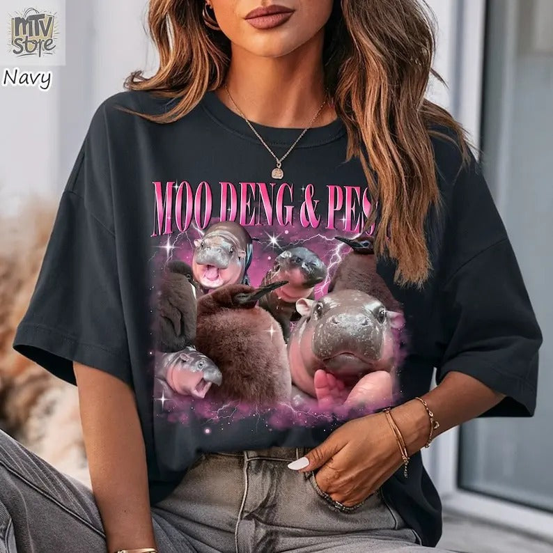 Moo Deng And Pesto T-Shirt, Moo Deng Bootleg Rap T-Shirt, Vintage 90s Tee, Moo Deng Pesto T-Shirt, Funny Meme Trending Shirts