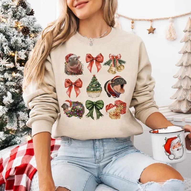 Moo Deng Coquette Bow Christmas Shirt, Coquette Bows Moo Deng And Christmas Tree Tshirt