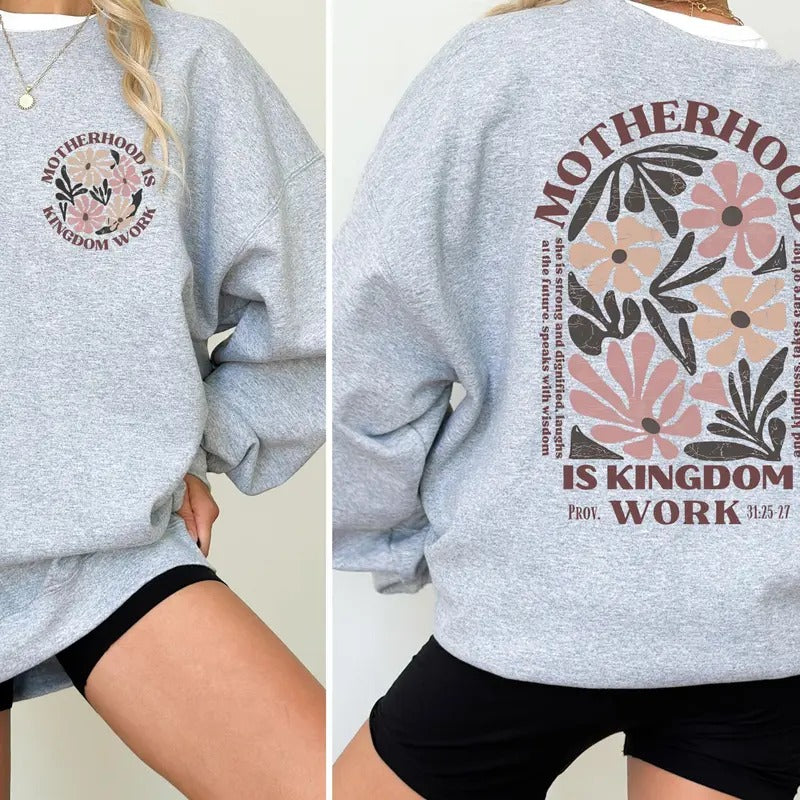 Motherhood Is Kingdom Work Shirt, Mother's Day Gift, Christian Mom Sweatshirt, Retro Christian Mom Shirt, Unisex Crewneck Pullover Tee, Classic Streetwear