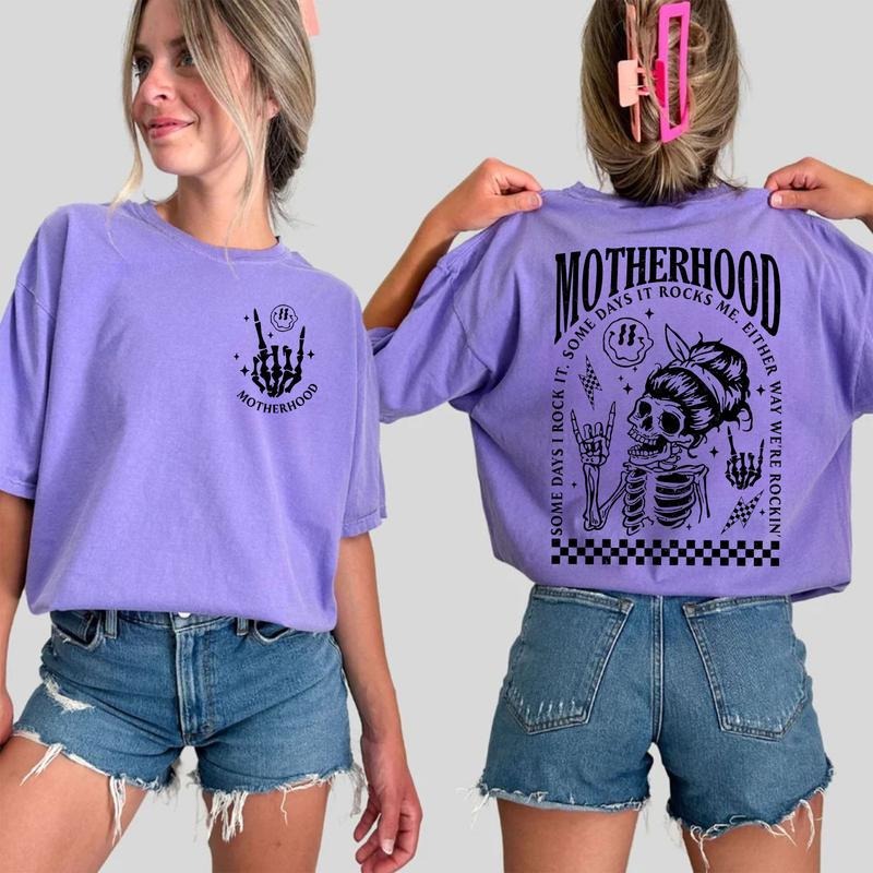 Motherhood Some Days I Rock It Shirt, Motherhood Rock Skeleton Double Printed T-shirt, Mama Shirt, Mom Life Shirt, , Gifts For Mom, Soft Cotton Fabric Womenswear, Mom Daily Basic Outfits Comfort Fit, Rocking Mom Women Tops Chic Style