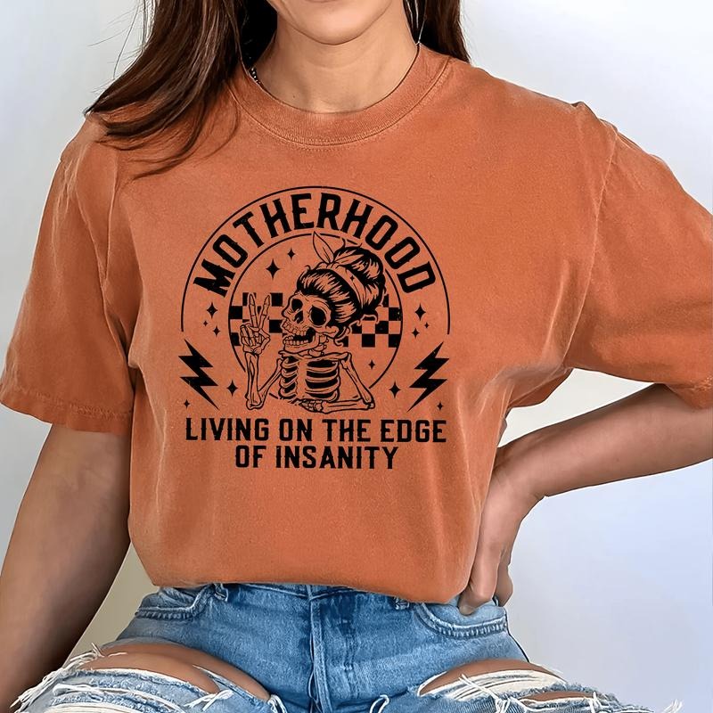 Motherhood Vintage Tee, Living On The Edge Of Insanity Graphic Tee Women, Funny Mom Shirt, Mommy Outfits, Funny Skeleton Mama Tee, Mom Life T-shirt, Women's Top, Womenswear, Cotton Fabric Relaxed Fit Chic Style