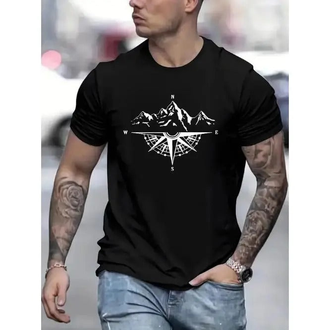 Mountain Shaped Compass Printed Round Neck T-Shirt - Short Sleeved, Comfortable, Loose Fit, Creative Letter Design, Spring Summer Holiday Wear, Casual Top for Men, Great Gift Idea Made in USA
