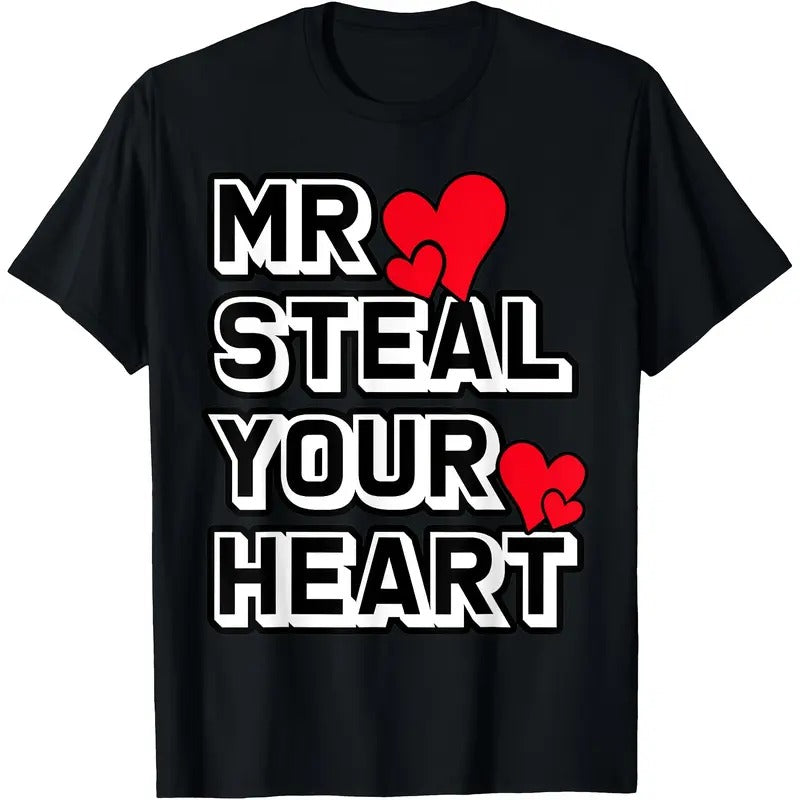 Mr. Steal Your Heart" Valentine's Day Fun T-Shirt - 100% Cotton, Comfort Fit, Short Sleeve, Cartoon Print, Machine Washable, Valentine's Day, T-shirt, Fashion, Comfortablemade in usa