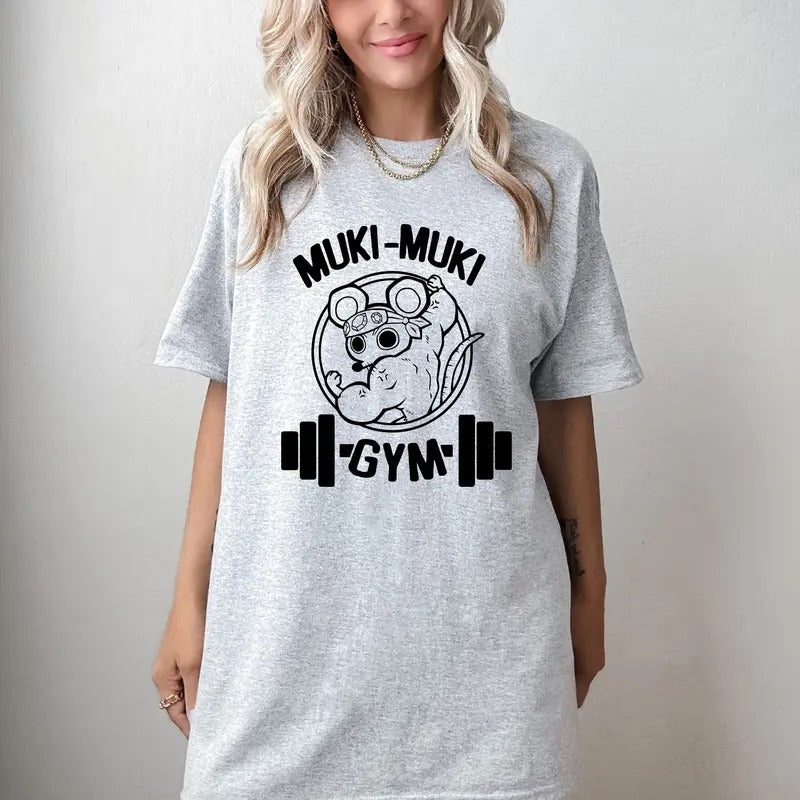 Muki Muki Gym Shirt, Mouse Workout T-Shirt, Funny Mouse Shirt, Fitness Barbell Anime Shirt