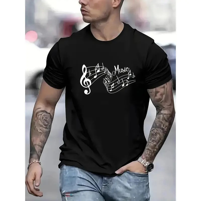Musical Note Graphic Men's Short Sleeve T-shirt, Comfy Stretchy Trendy Tees For Summer, Casual Daily Style Fashion Clothing, As Gifts Made in USA