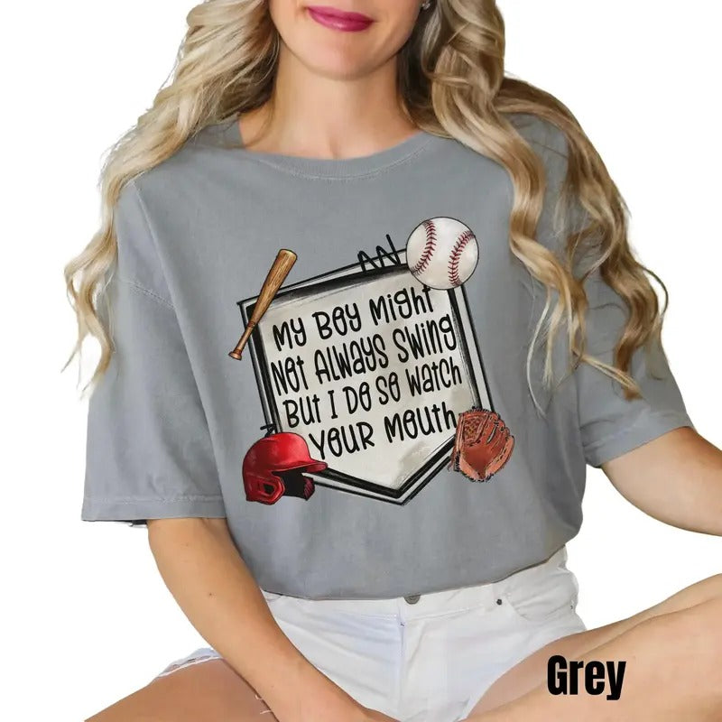 My Boy Might Not Always Swing But I Do Shirt - Unisex T-Shirt with Graphic Print Featuring Baseball Elements, Short Sleeve, Comfortable Fit Womenswear Top