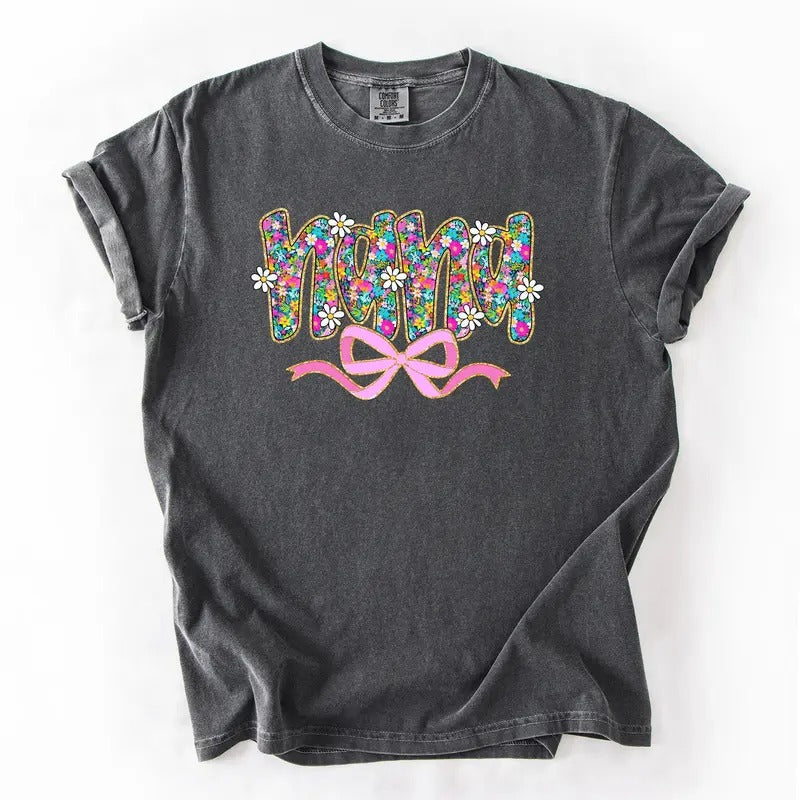 Nana, Mother's Day, Ribbon, Bow, Floral, Flowers, Bright, Colorful, Pastels Tshirt, Women's Comfort Colors Tee