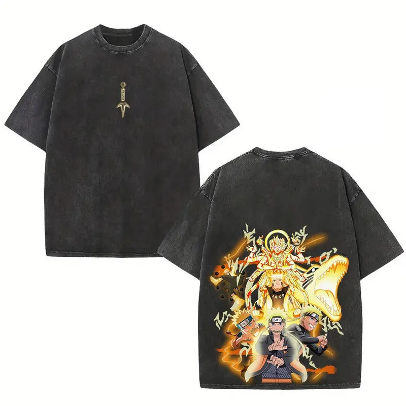 Narutoo Anime Double Printed Vintage Wash Oversized Shirt Tee Unisex Anime Manga Heavy Cotton T-shirt, Anime Lover, Top