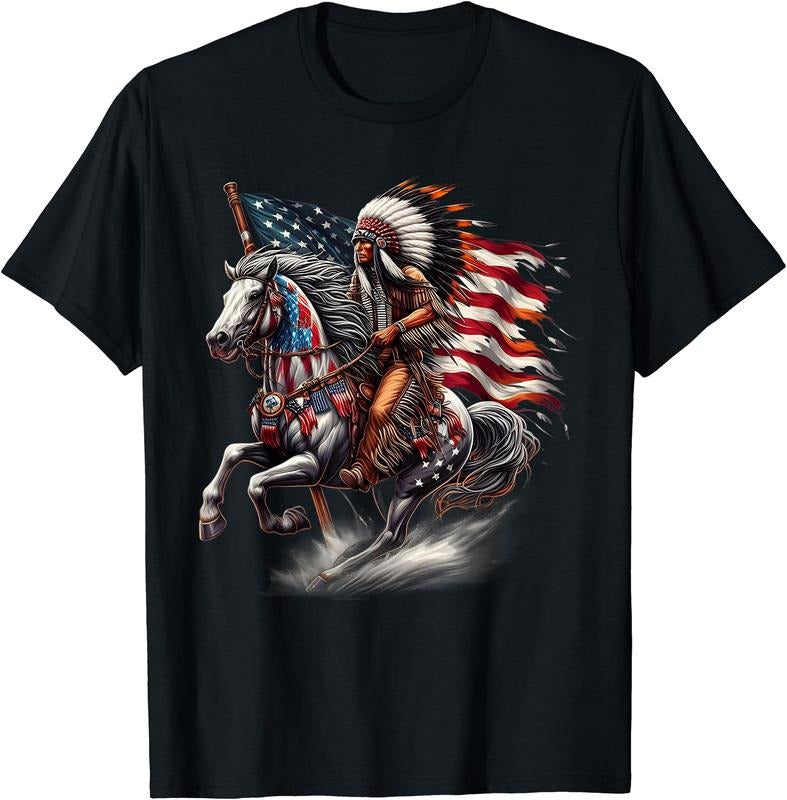 Native American Day Flag Indian Riding Horse 4th of July T-Shirt | Unisex Cotton Tee Gift, Crewneck, Short Sleeve