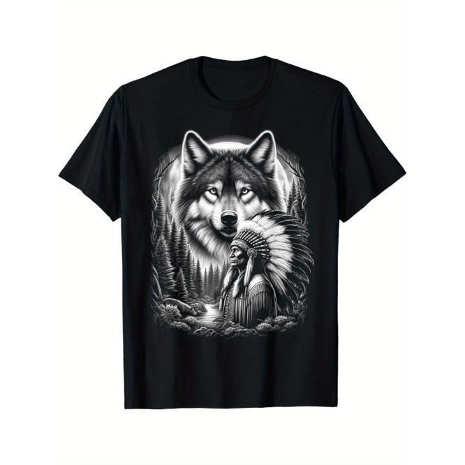 Native American Indian and Wolf Feathers Chief Art T-Shirt Made in USA