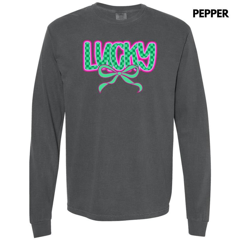 Neon Lucky Checkered Long Sleeve Comfort Colors T-Shirt 'NLB'