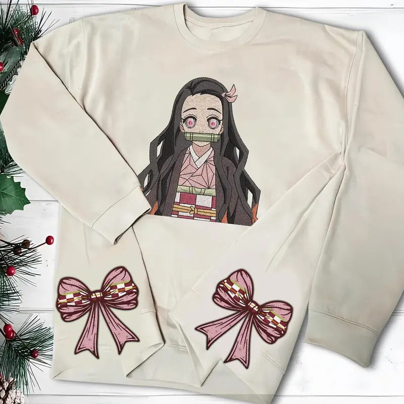 Nezuko Embroidered Sweatshirt with Side Bow, Nezuko Kamado Shirt, Demon Slayer Hoodie, Kimetsu No Yabai Merch, Anime Apparel for Fan,New Style Embroidered Shirt