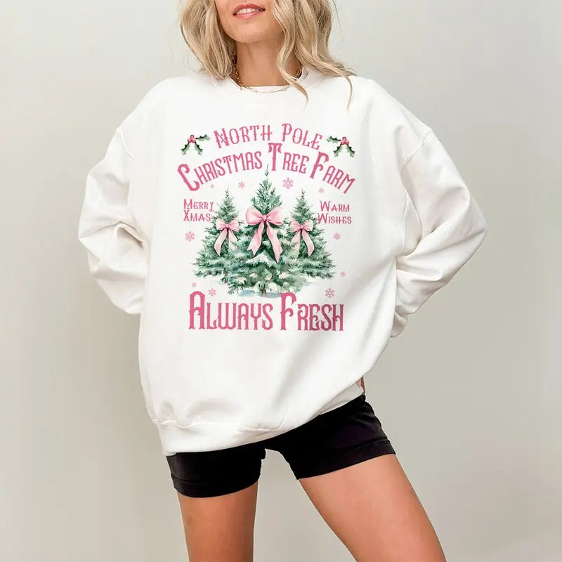 North Pole Christmas Tree Farm Sweatshirt, Pink Christmas Trê Sweatshirt, North Pole Sweater, Pink Christmas Coquette Bow Sweatshirt, Christmas Season Crewneck, Retro Christmas Shirt