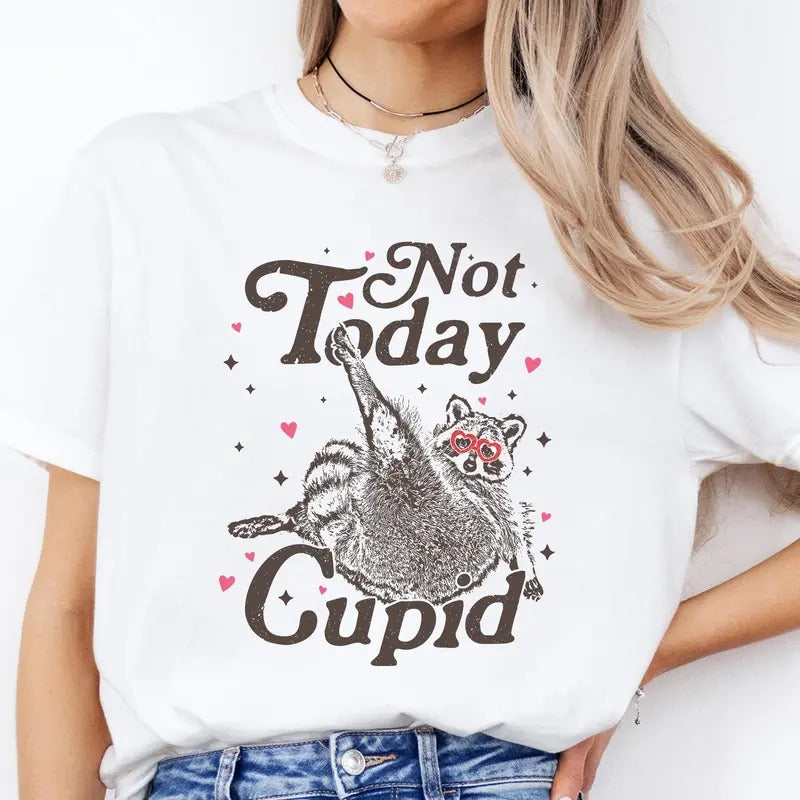 Not Today Cupid Raccoon Shirt, Feral Valentines Day Shirt, Single Valentines Day Shirt, Stupid Cupid Tee, Funny Raccoon Meme Vintage Tee