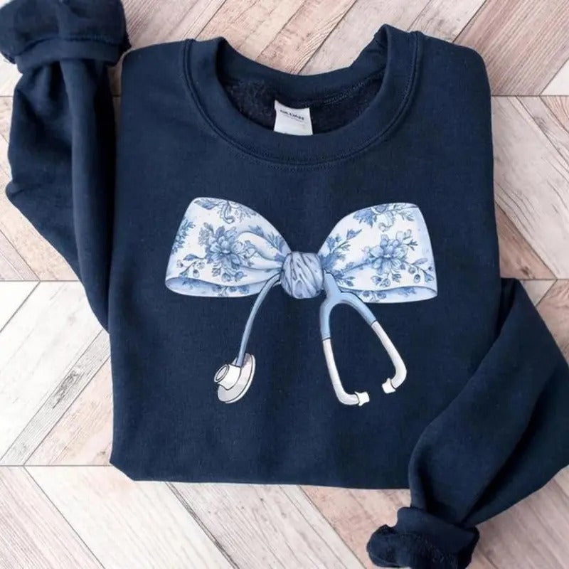 Nurse Coquette Toile bow Sweatshirt, Retro Nurse Shirts, RN, Unisex Stethoscope Crewneck Sweatshirt, Nursing School, Nurses Week Appreciation Shirt Sweater Crewneck Shirt T-shirt Hoodie