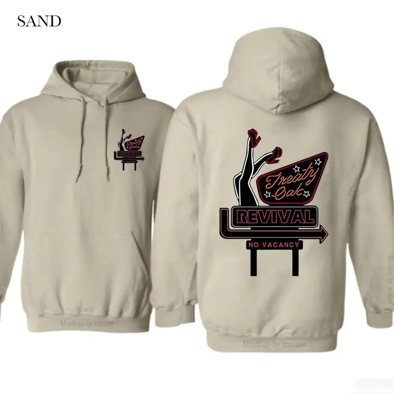 Oak Revival Treaty Hoodie, 2 Siders Hoodie Neon Sign Design, No More Rooms Message, Warm and Comfortable for Cold Days, Full Size, Full Size, Tee Print