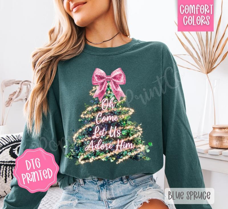 Oh Come Let Us Adore Him Pink Glitter Comfort Colors Long Sleeve T-Shirt, Cute Women's Christmas Tee