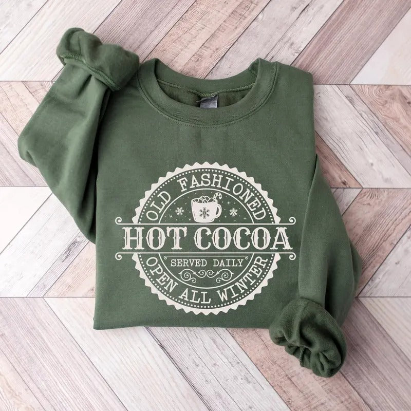 Old Fashioned Hot Cocoa Retro Style Unisex Cotton Sweatshirt, Cozy Christmas Sweater Crewneck Long Sleeve
