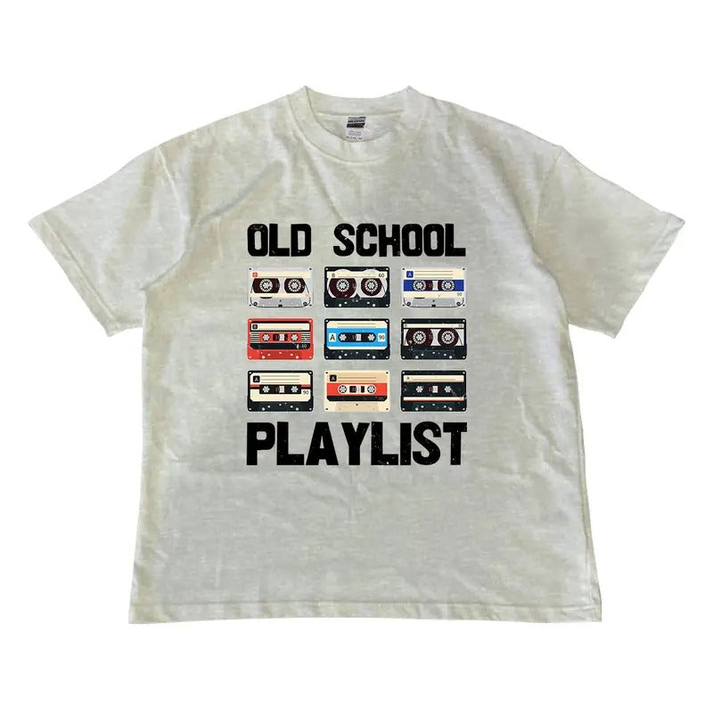 Old School Playlist Shirt, Womens Cartoon Graphic Print Round Neck Tee, MW Unisex Shirt Menswear Top