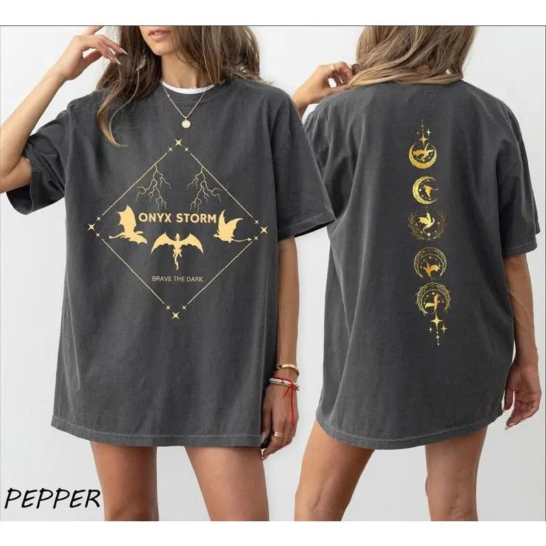 Onyx Storm Two Sided Shirt, Brave The Dark Sweatshirt, Dragon Lover Tshirt, Fourth Wing Hoodie, Fantasy Bookish Gift Tee, Book Lover Tee