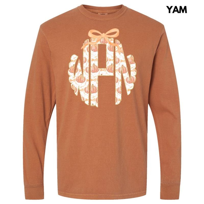 Orange Pumpkin Monogram Long Sleeve Comfort Colors T-Shirt 'NLB'