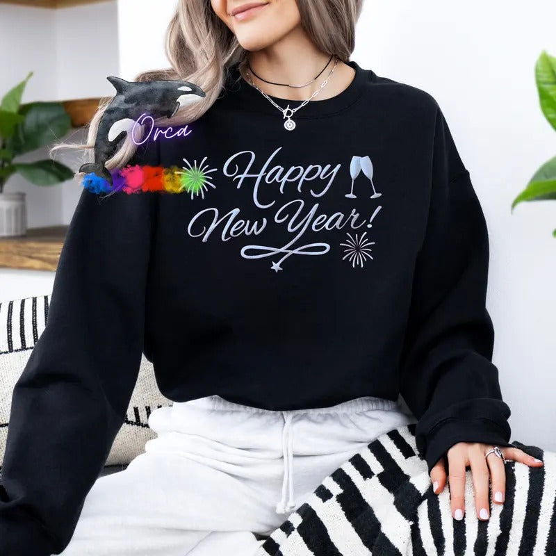 Orca ~ HAPPY NEW YEAR Unisex Sweatshirts with Silver Puff ~ Small - 4XL Crewneck Casual Womenswear