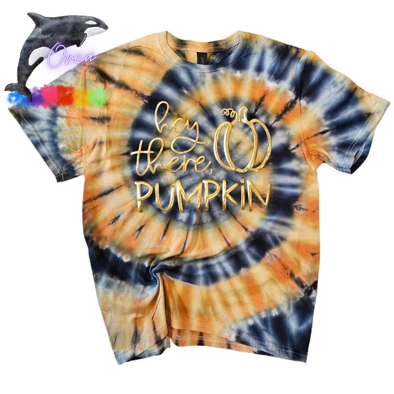 Orca ~ HI THERE PUMPKIN Metallic Gold Puff on Spiral Tie Dye T-shirts ~ Comfort Colors ~ Fall Women Shirts Womenswear