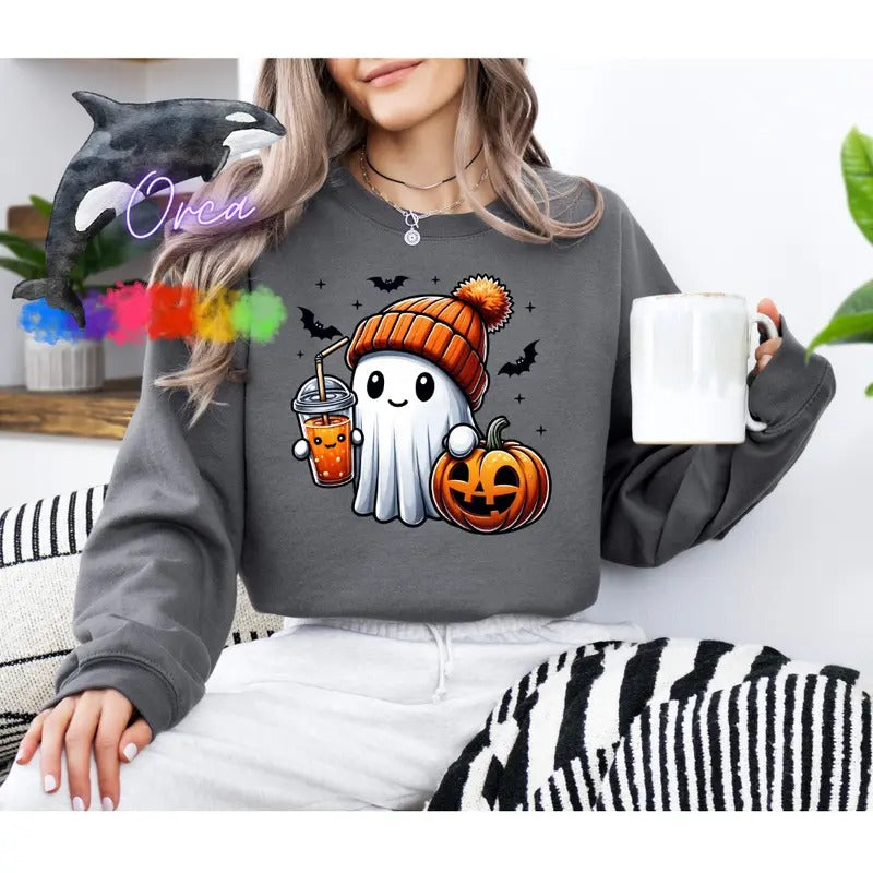 Orca ~ Halloween Cute Ghost Sweatshirts ~ Unisex Sizing ~ Small - 4XL ~ Pullover crewneck Womenswear Comfortable