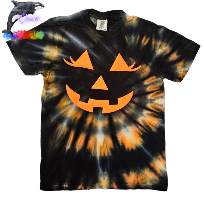 Orca ~ Pumpkin Face with Eyelashes ~ Jack o Lantern ~ Orange Puff on Spiral Tie Dye T-shirts ~ Comfort Colors ~ Fall Women Shirts Womenswear