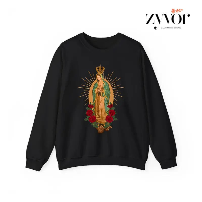 Our Lady of Guadalupe Virgen De Guadalupe Sweatshirt Casual Street Style Fleece Fabric Crewneck Pullover Sweatshirt Tops Trendy for Women for Men