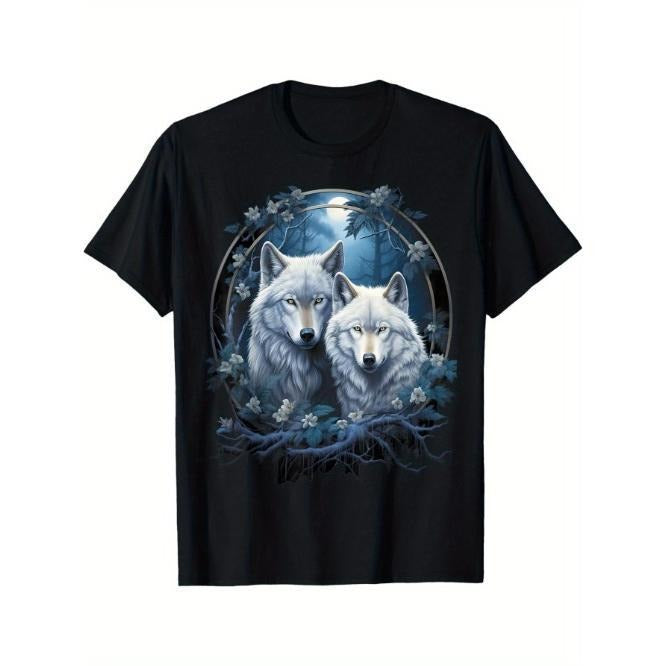 Outdoor men's crew neck T-shirt, comfortable and breathable, wolves in the forest at night and moon fantasy art wildlife T-shirt, everything goes well Made in USA