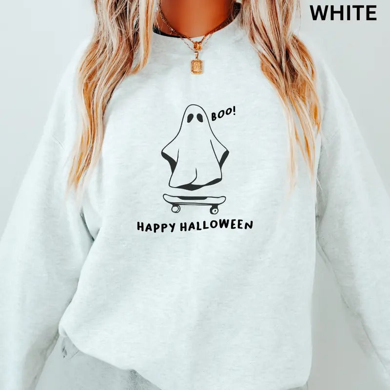 Oversized Halloween Crewneck, Skater Ghost Crewneck, Happy Halloween Sweatshirt Graphic Oversized Halloween Graphic Crewneck, Cotton Pullover Spooky Season Sweater