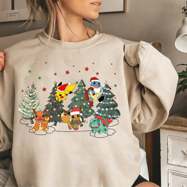 PKM Christmas Tree Shirt, Anime Christmas Sweatshirt, Bulbasaur, Pikachu, Eevee , Turtle