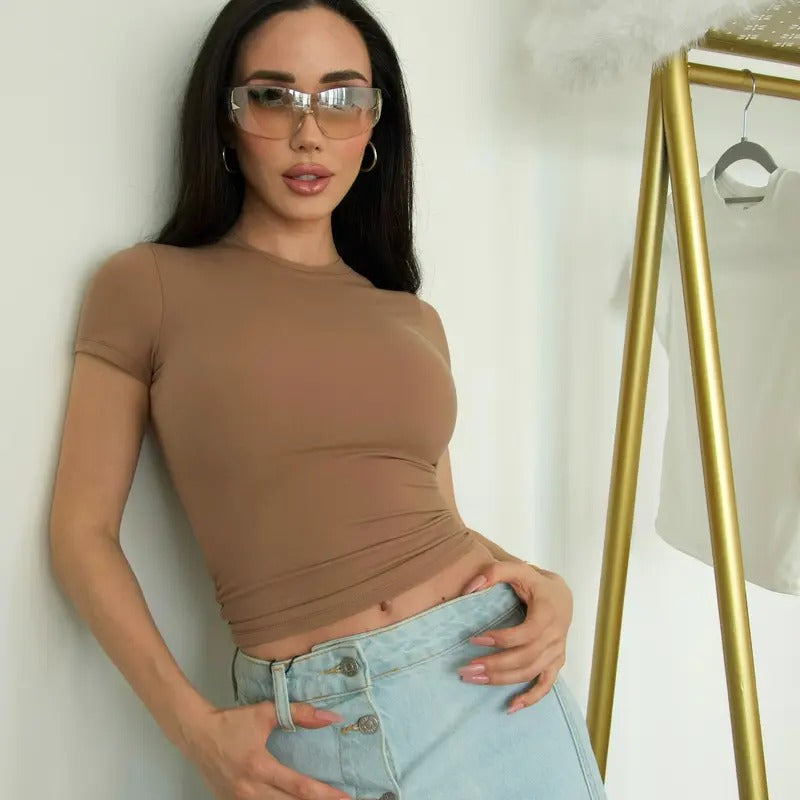 PUMIEY Basic Tee Street Fashion Girl Crew Neck Short Sleeve Tops