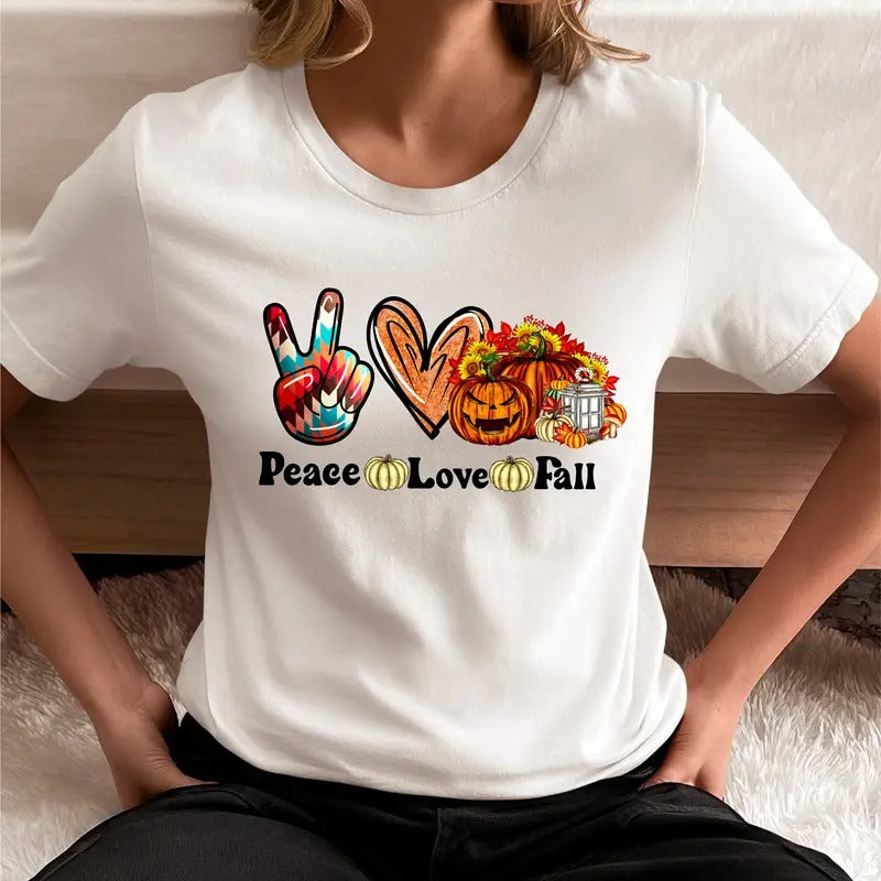Peace Love Fall T-Shirt, Funny Pumpkin Shirt, Fall Lovers Tee, Family Thanksgiving Tee, Fall Vibes Gift Shirt, Halloween Pumpkin Short Sleeve.
