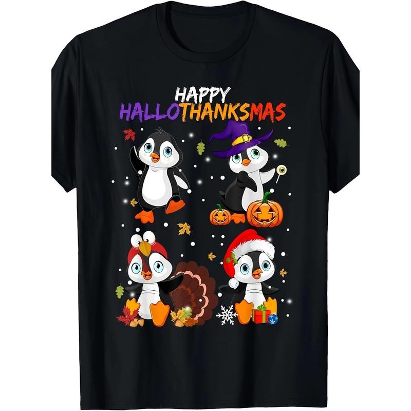 Penguin Happy Hallothanksmas Halloween Thanksgiving Xmas T-Shirt Made in USA
