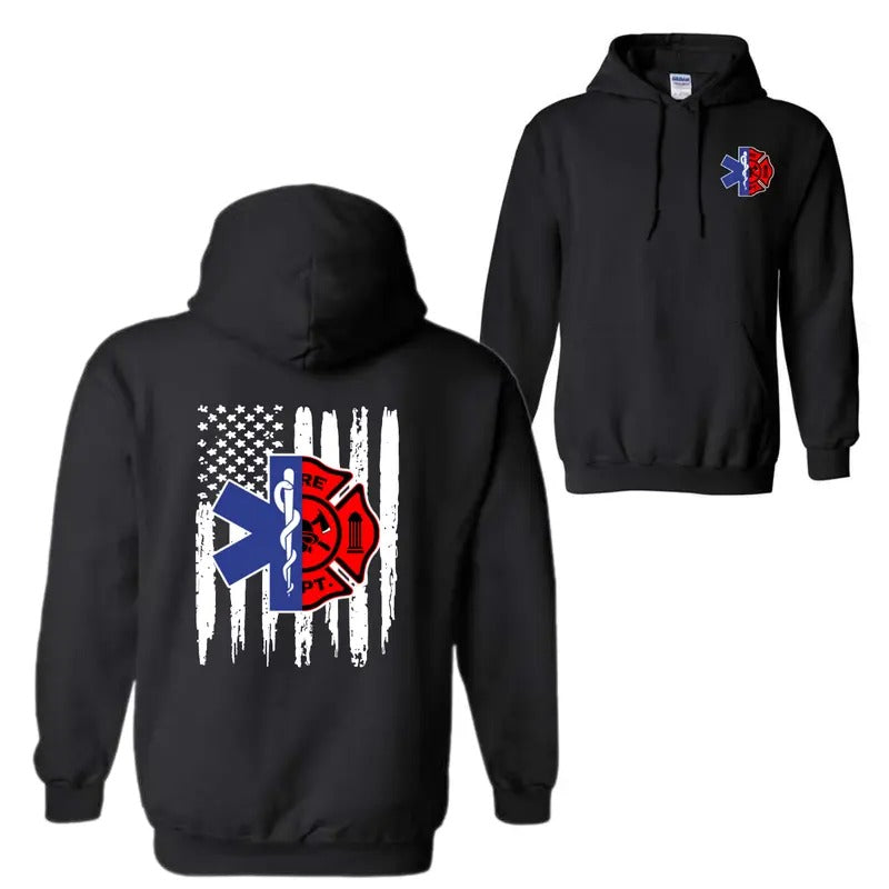 Personalized EMT Firefighter Hoodie - EMS & Firefighter Shirt with American Flag, Star of Life, Fire Department Design - Gift for Firefighters & EMTs
