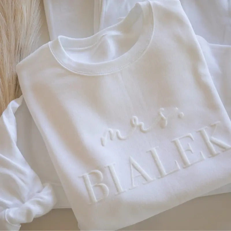 Personalized Mrs Sweatshirt, Custom Wedding Gift, Anniversary Gift for Her, Mrs Neckline Embossed Sweater, Wedding Date Sleeve, Bride To Be