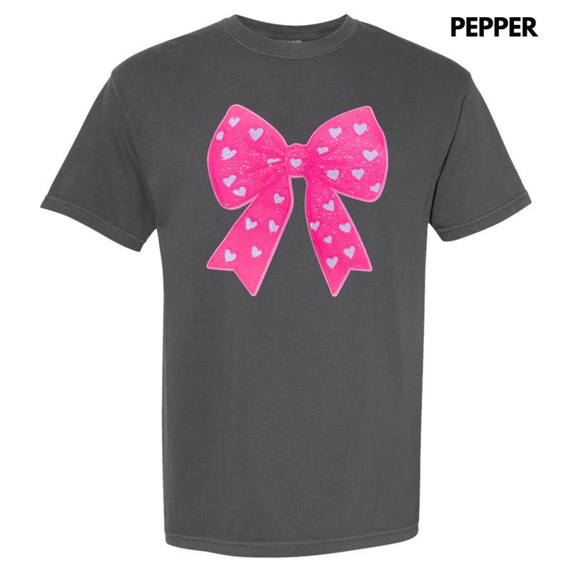 Pink Bow Heart Sequin Patch Comfort Colors T-Shirt