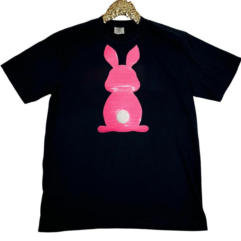 Pink Bunny Sequin Patch Comfort Colors T-Shirt -- BLACK