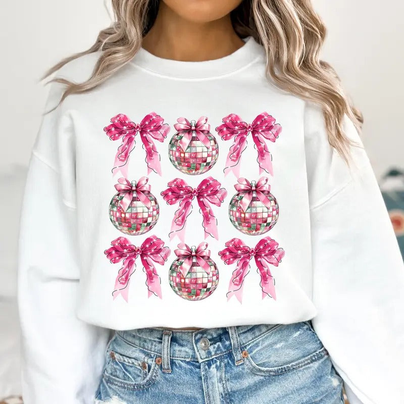 Pink Coquette New Year 2025 Sweatshirt, Retro New Years Gift, Disco Ball Tshirt, Hello Valentine's Day 2025, Unisex Crewneck Pullover Tee, Classic Streetwear