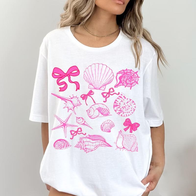 Pink Coquette Seashell Beach Tee, Coastal Retro Summer Shirt, Summer Vibes Girls Trip Gift for Her