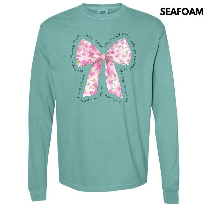 Pink Floral Proverbs Bow Long Sleeve Comfort Colors T-Shirt 'NLB'